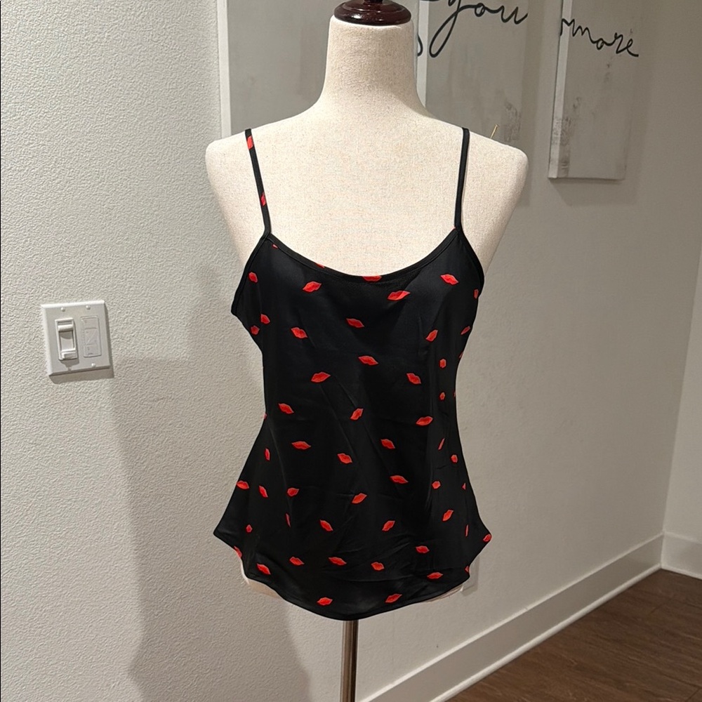 Black Spaghetti Strap Cami with Red Lip Print
